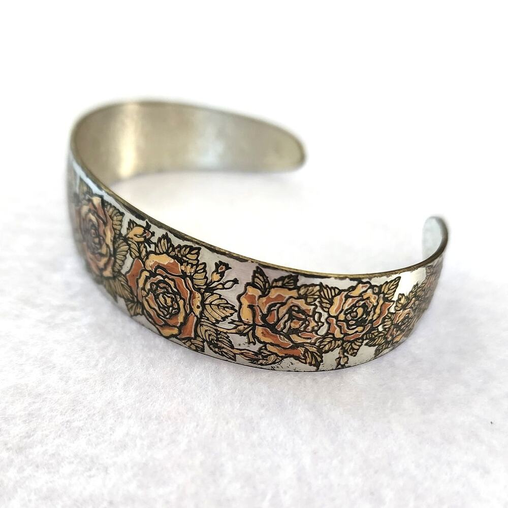 Reed & Barton Damascene Rose Cuff Bracelet Gold Tone Floral Vintage - Picture 6 of 9